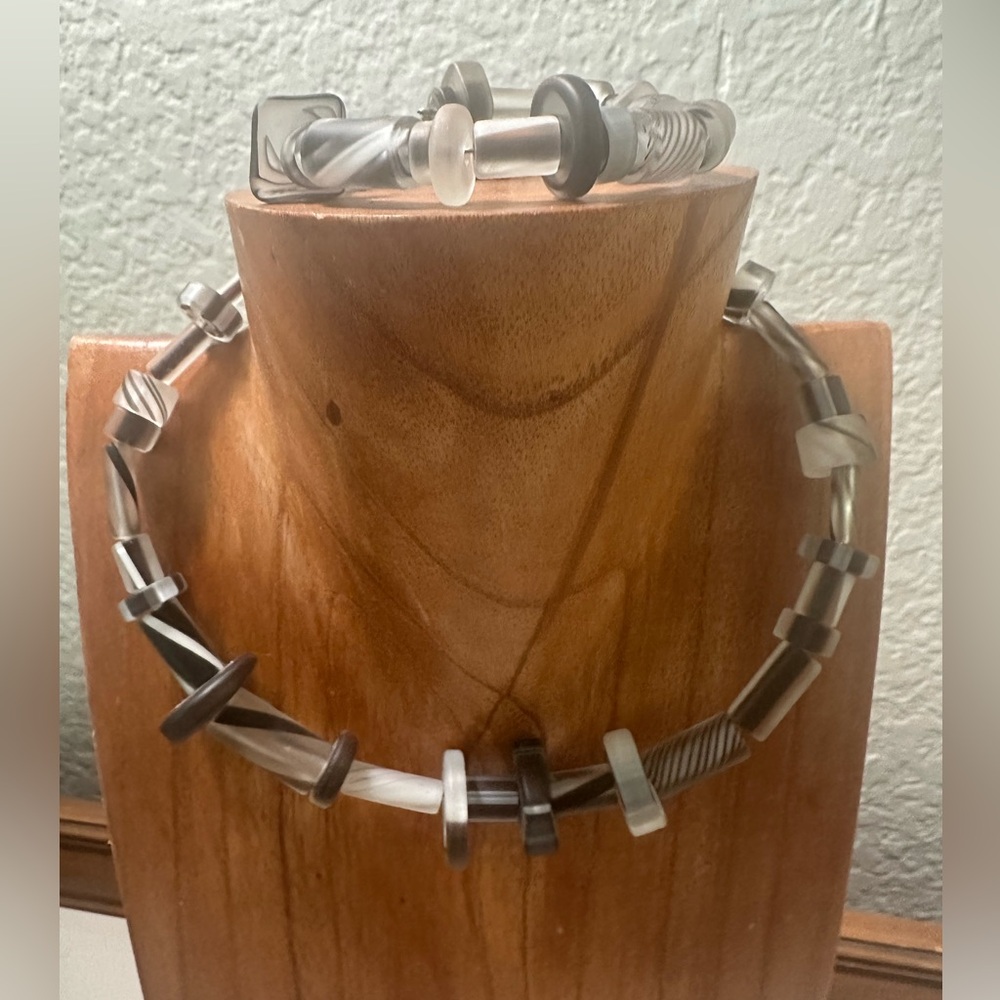 OOAK Glass beads Black white and Beaded Necklace & Bracelet Set 925 silver NWOT